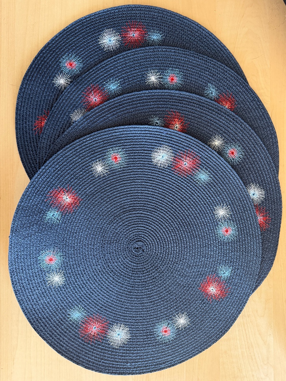 Fireworks 4th of July Red, White, & Blue woven and embroidered placemats 14.5" d